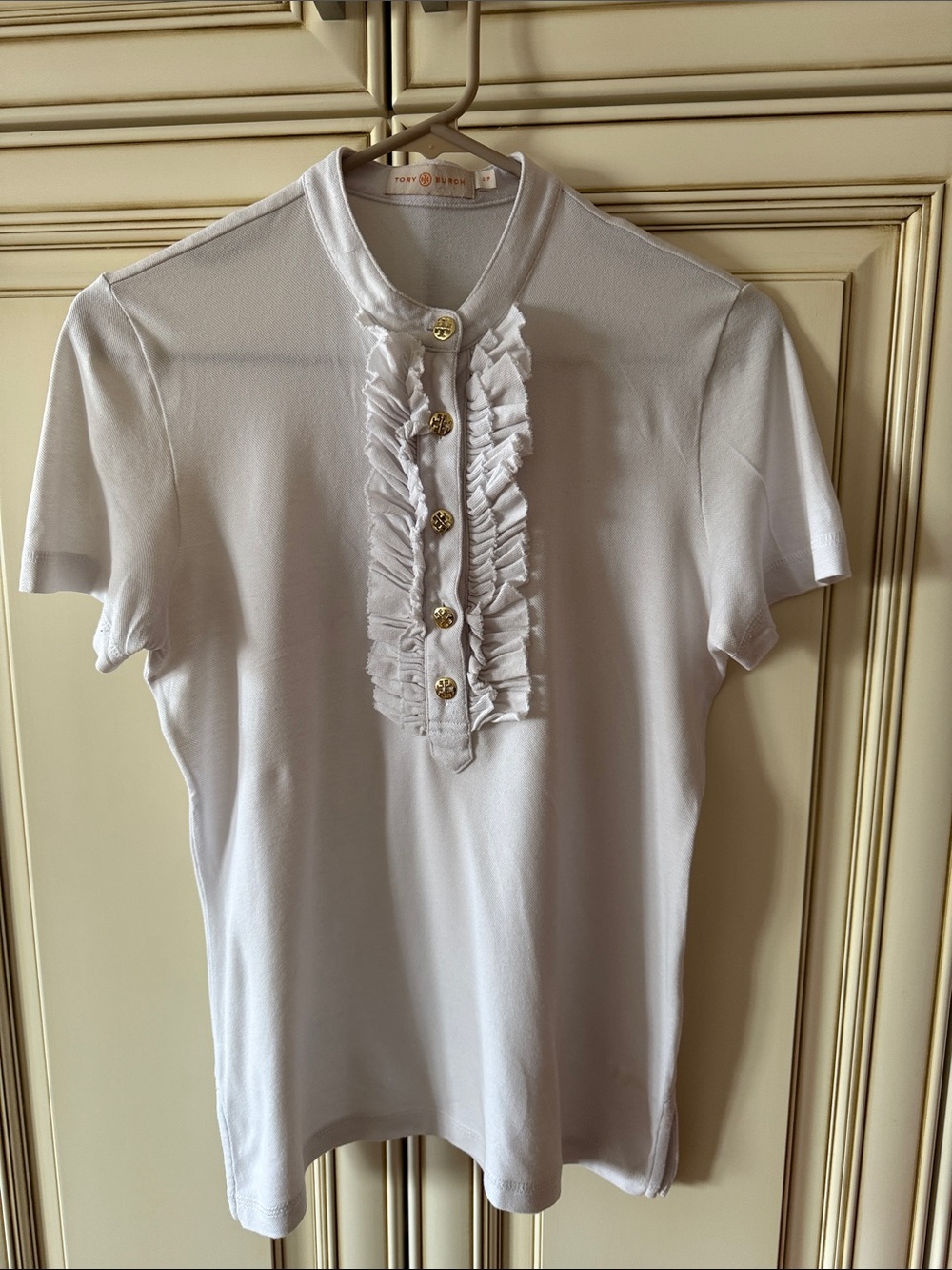 Tory Burch White Ruffle-Placket Short Sleeve Top with Gold Buttons